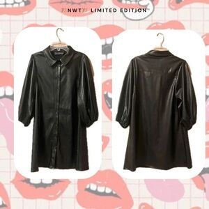 🏷️🆕🎉 (jacket) black faux leather button-up collar overcoat jacket dress